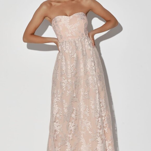 NWT Lulus Love Will Find A Way Peach Lace Strapless Maxi Dress - Picture 1 of 8